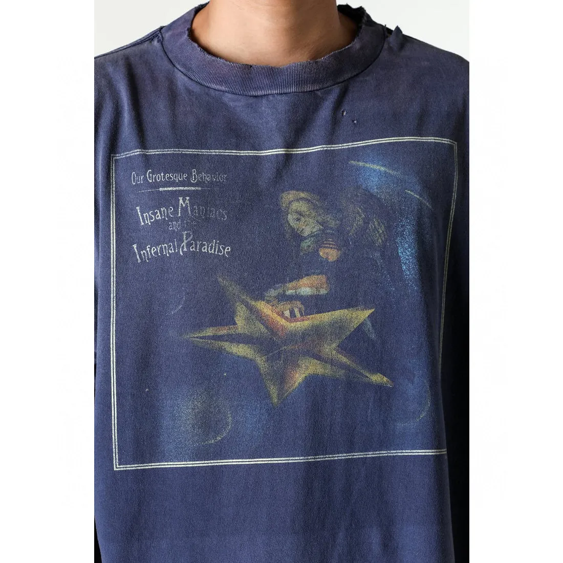 CACTUS PLANT FLEA MARKET x SAINT Mxxxxxx STAR SS TEE/NAVY New CPFM star smiley holed distressed short sleeves Washed blue S-XL Genuine consistent tube weaving without side seams High weight OE yarn fabric Assute dyeing Multiple horse fades Heavy wash water Worn holes Customized joint main mark/wash mark/little angel anti-counterfeiting label